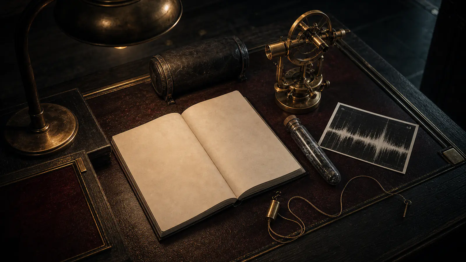 A field notebook, brass instrument, and waveform photograph arranged on a dark evidence desk